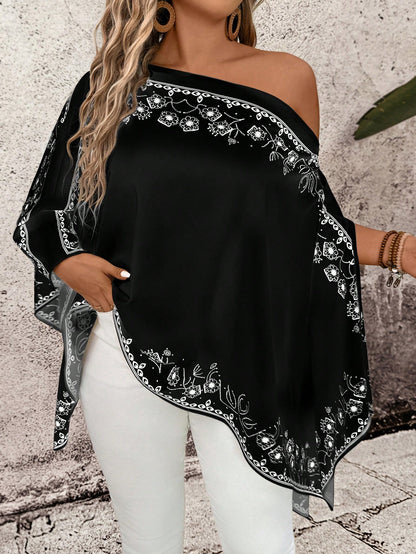 Breezaya Plus Size Women Floral Print Asymmetrical Shoulder Casual Versatile Daily Wear Shirt Fall