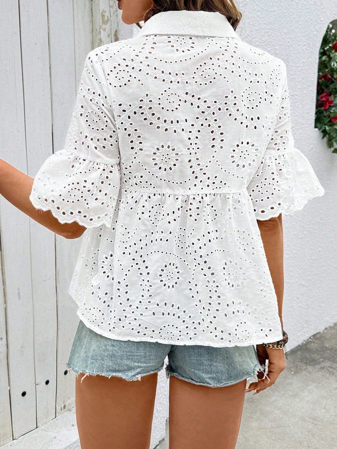 Breezaya Plus Size Women's Short Sleeve Shirt, Embroidered Cotton, Ruffle Cuffs, Mid-Sleeve, Loose Fit; Casual Fashion, Elegant, Suitable For Dates, Gatherings, Casual Commute; Street Style, Streetwea