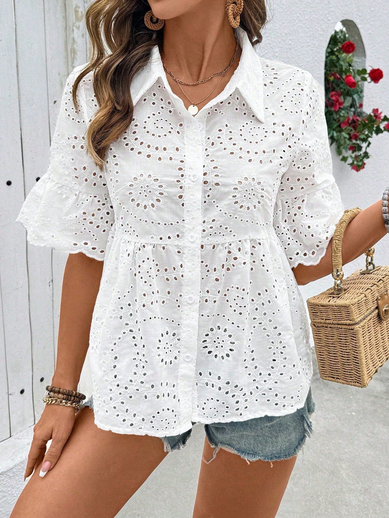 Breezaya Plus Size Women's Short Sleeve Shirt, Embroidered Cotton, Ruffle Cuffs, Mid-Sleeve, Loose Fit; Casual Fashion, Elegant, Suitable For Dates, Gatherings, Casual Commute; Street Style, Streetwea