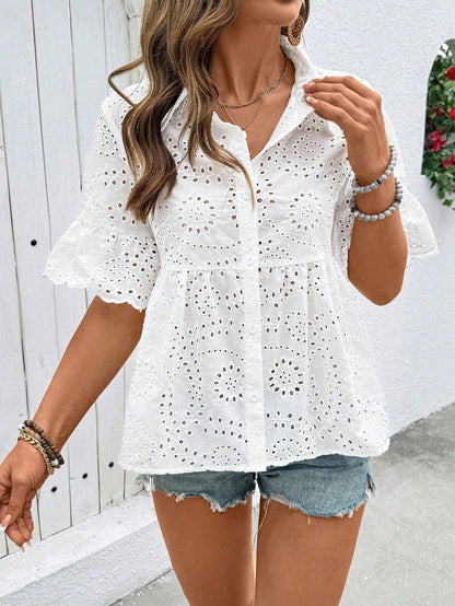 Breezaya Plus Size Women's Short Sleeve Shirt, Embroidered Cotton, Ruffle Cuffs, Mid-Sleeve, Loose Fit; Casual Fashion, Elegant, Suitable For Dates, Gatherings, Casual Commute; Street Style, Streetwea