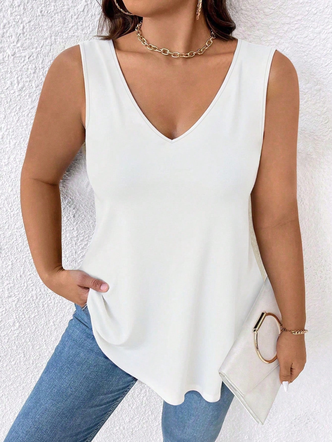 Breezaya Plus Size Women Solid Color V-Neck Casual Tank Top For Summer