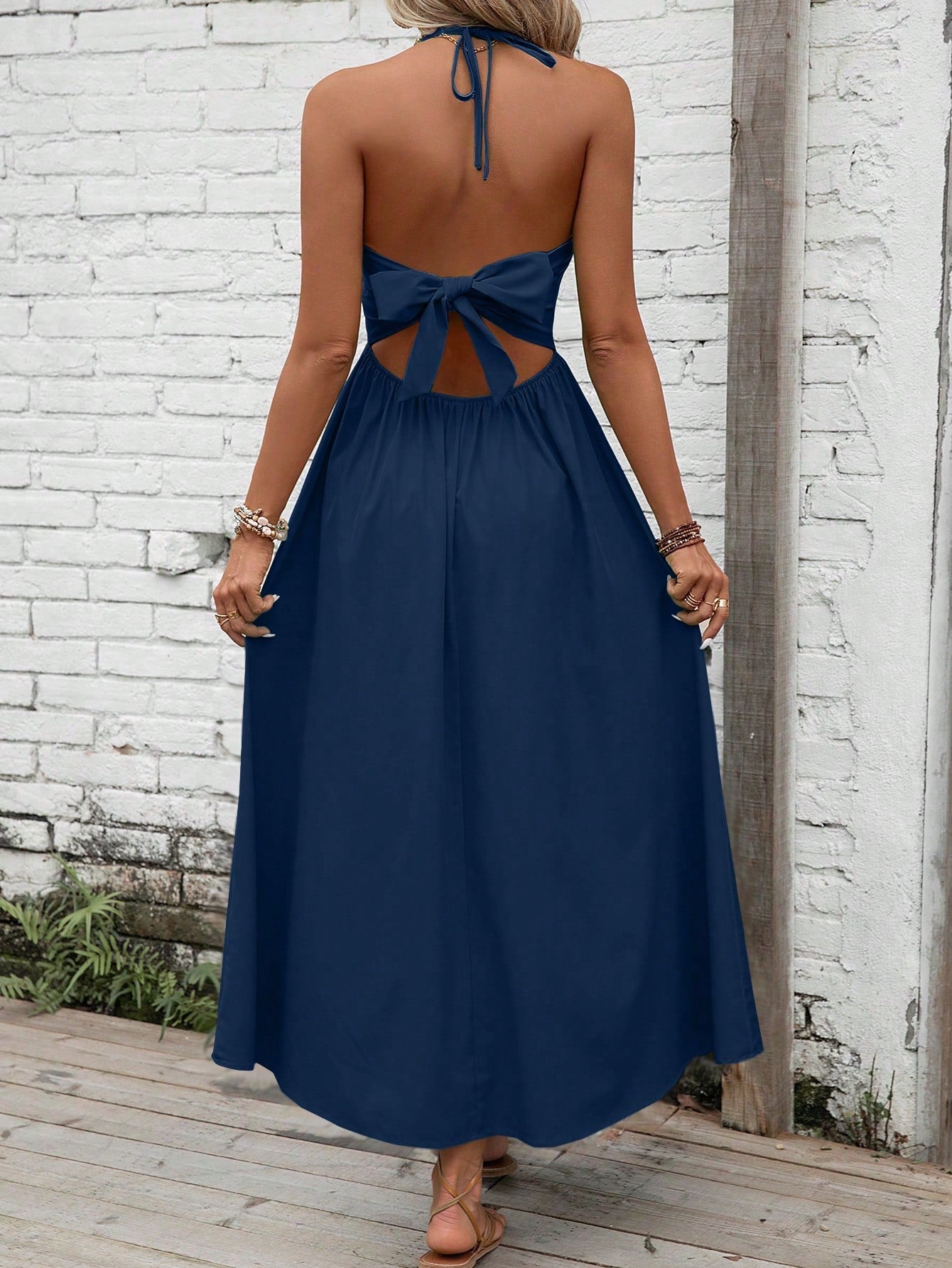 Breezaya Solid Tie Backless Halter Neck Cami Dress Maxi Vacation Beach Outfits Women
