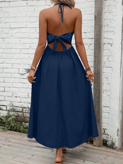 Breezaya Solid Tie Backless Halter Neck Cami Dress Maxi Vacation Beach Outfits Women