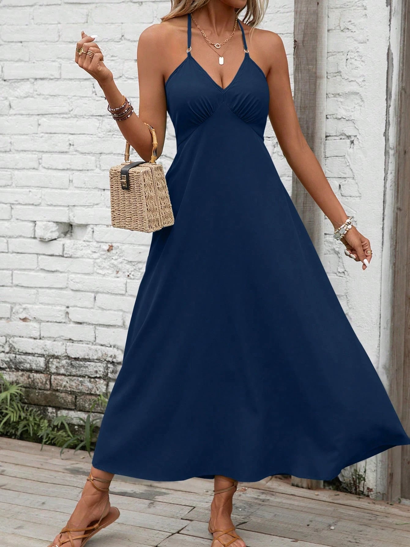 Breezaya Solid Tie Backless Halter Neck Cami Dress Maxi Vacation Beach Outfits Women