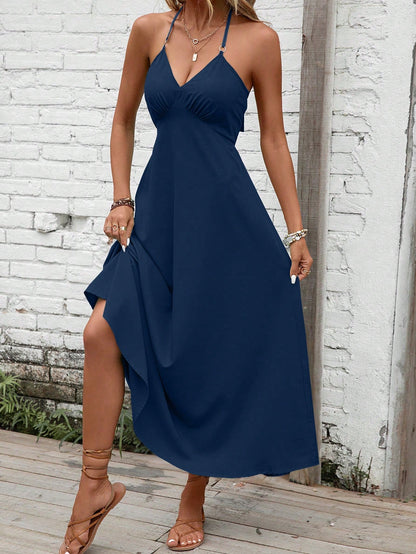 Breezaya Solid Tie Backless Halter Neck Cami Dress Maxi Vacation Beach Outfits Women