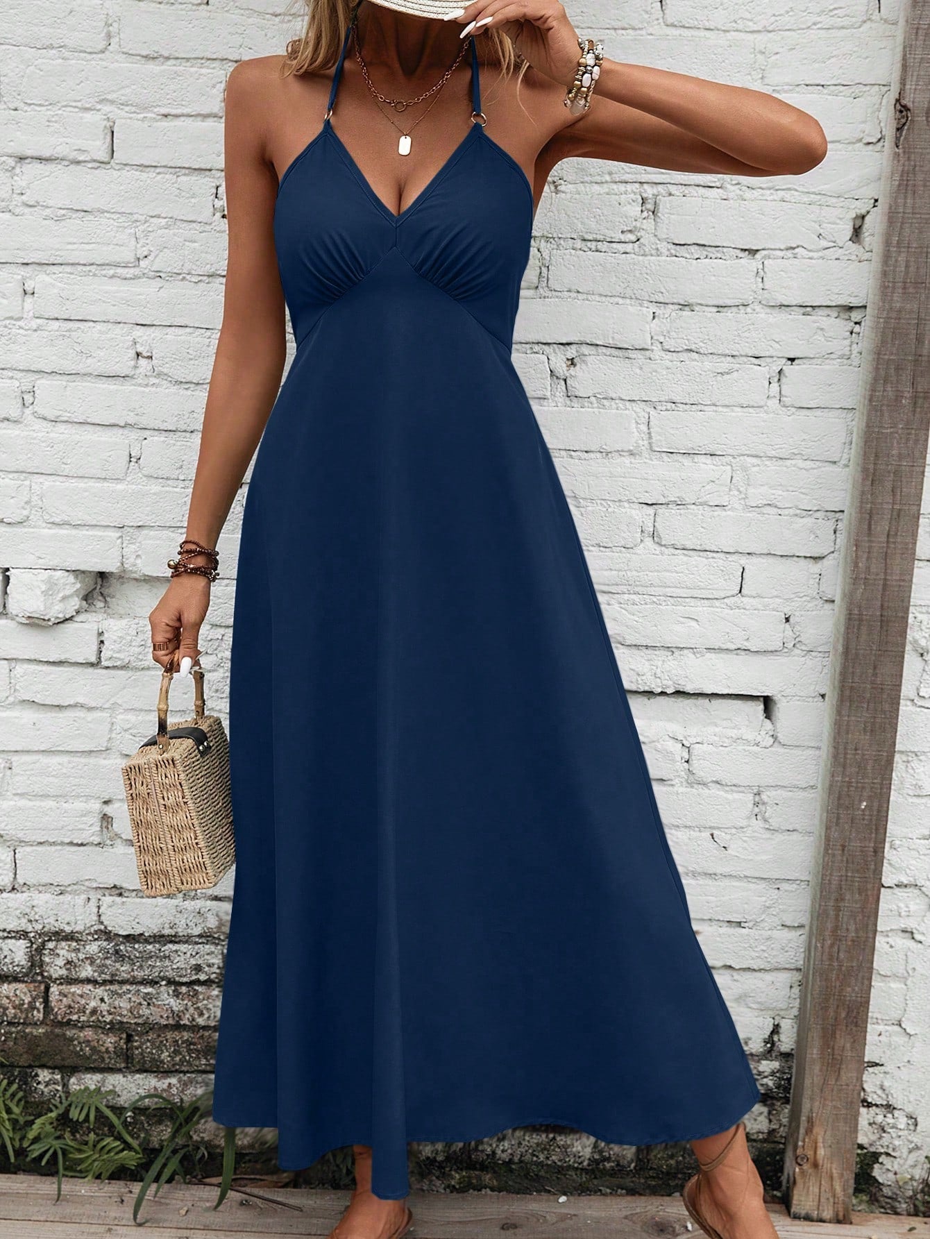Breezaya Solid Tie Backless Halter Neck Cami Dress Maxi Vacation Beach Outfits Women