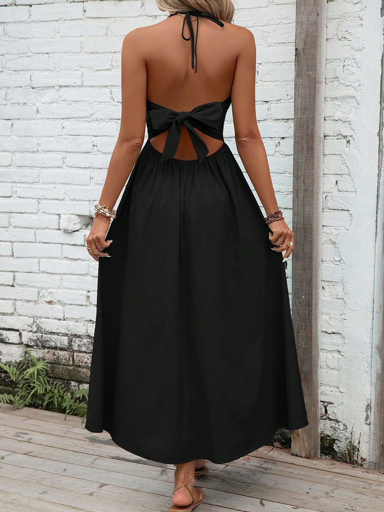 Breezaya Solid Tie Backless Halter Neck Cami Dress Maxi Vacation Beach Outfits Women