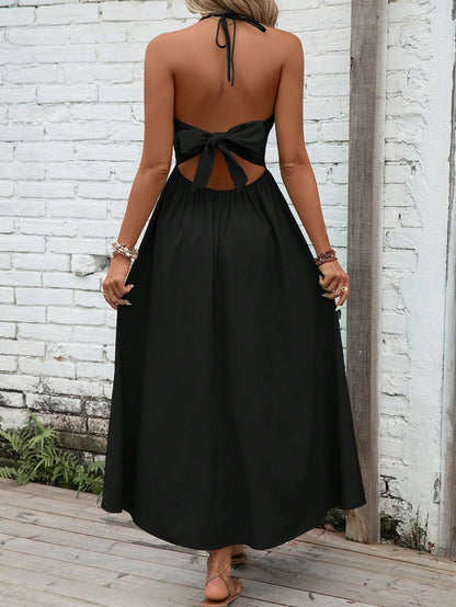 Breezaya Solid Tie Backless Halter Neck Cami Dress Maxi Vacation Beach Outfits Women