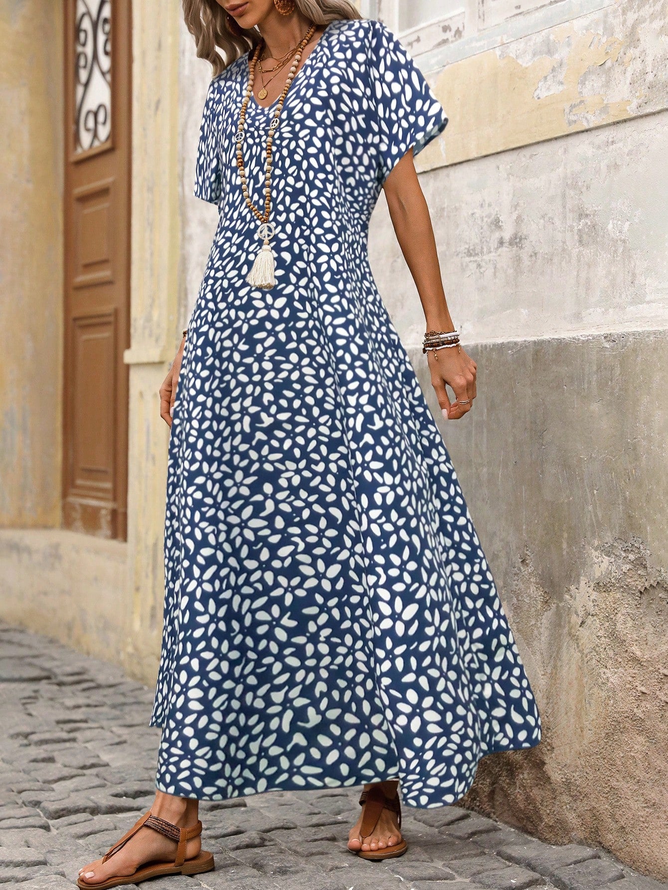 Breezaya Women's Long Floral Print Blue Batwing Sleeve Dress Maxi Women Outfit