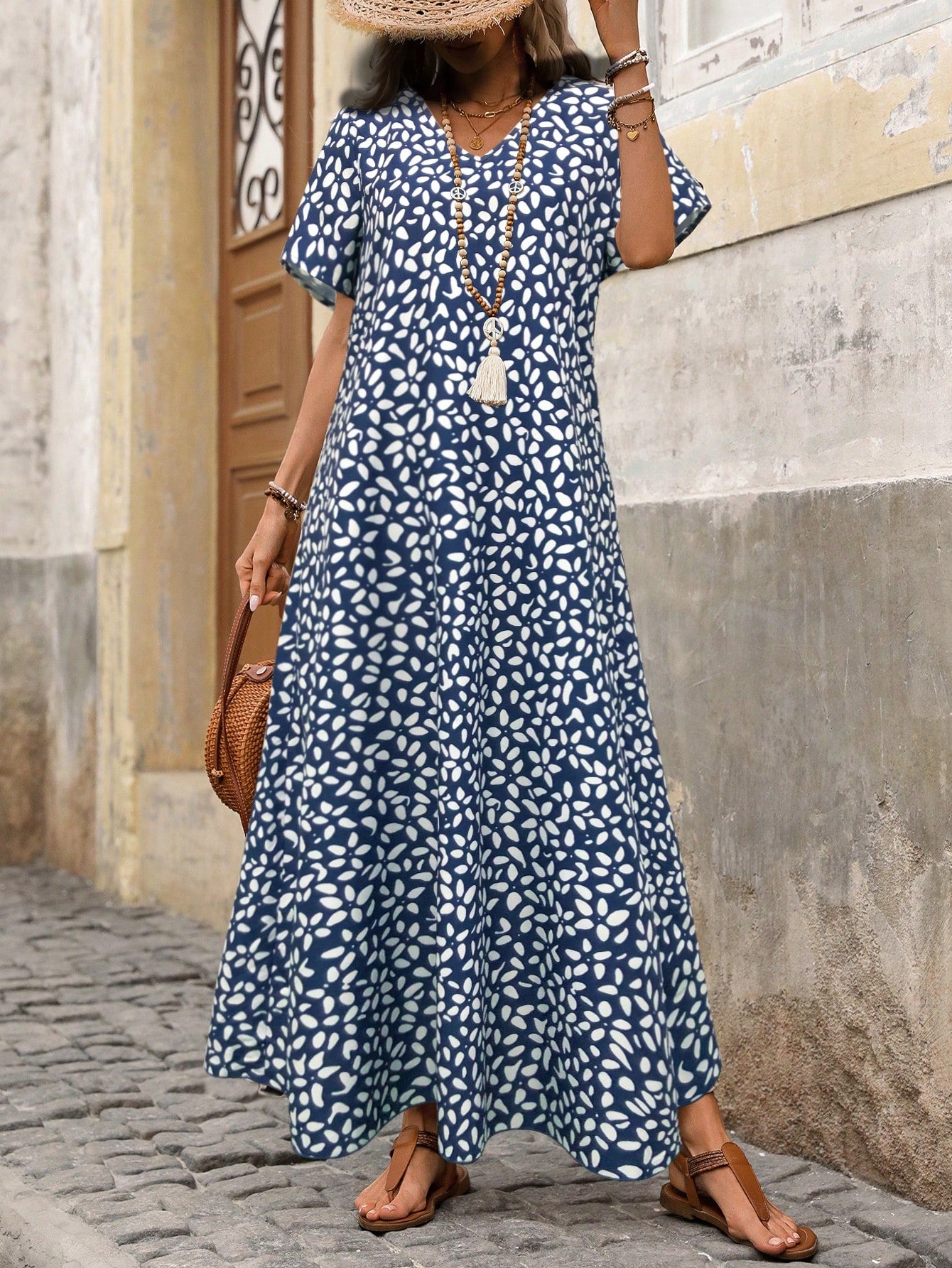 Breezaya Women's Long Floral Print Blue Batwing Sleeve Dress Maxi Women Outfit
