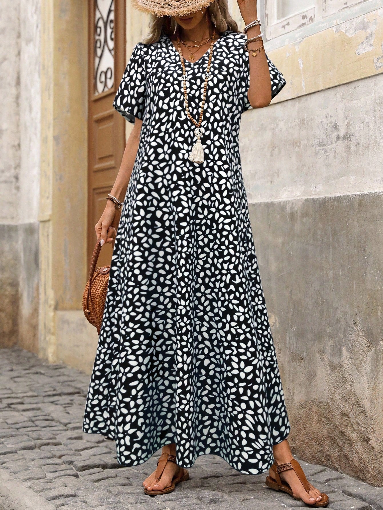 Breezaya Women's Long Floral Print Blue Batwing Sleeve Dress Maxi Women Outfit