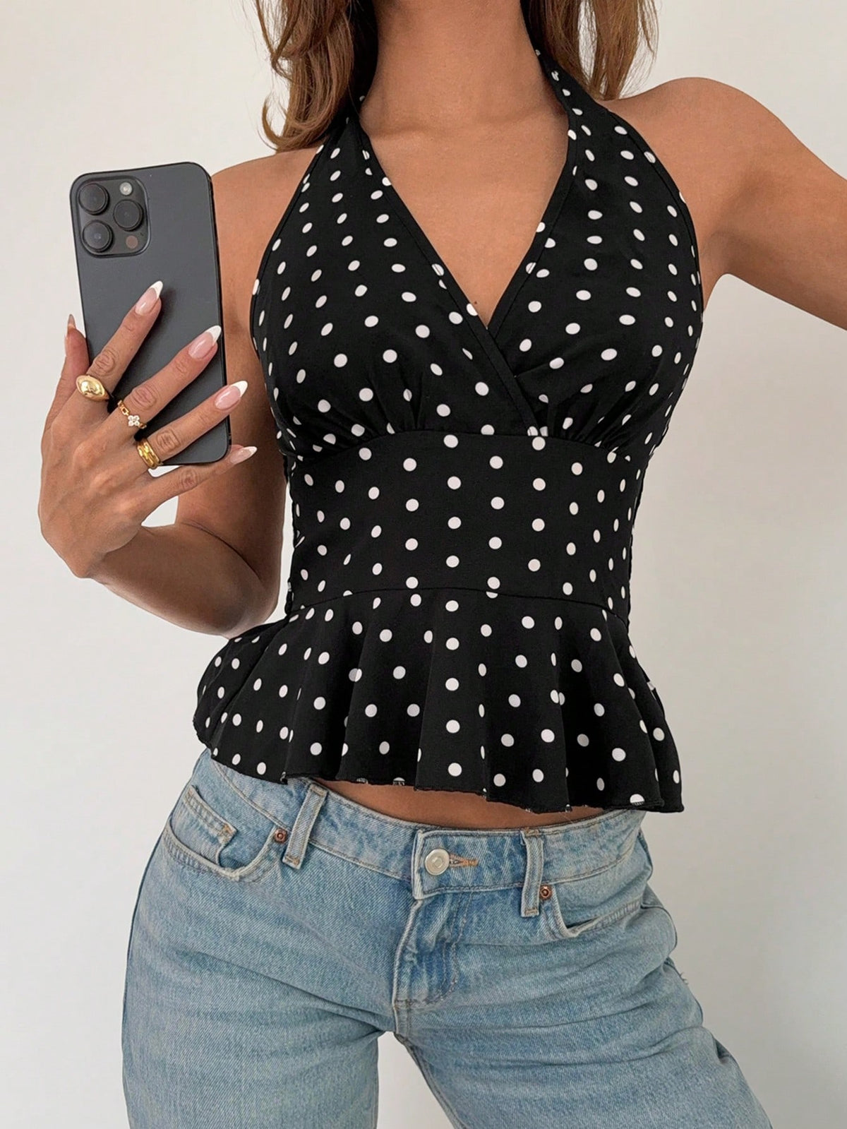 Breezaya Women's Summer V-Neck Halter Waist Ruffled Polka Dot Spring Music Festival Tank Top