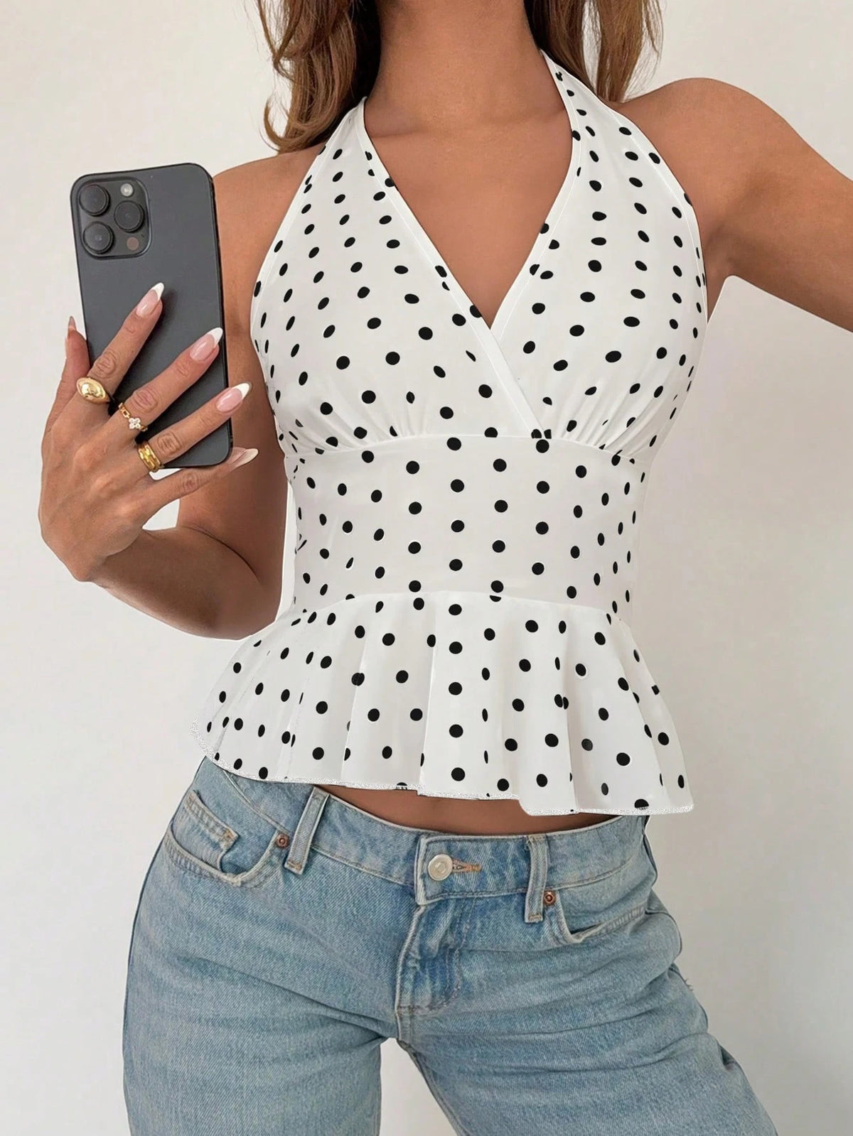 Breezaya Women's Summer V-Neck Halter Waist Ruffled Polka Dot Spring Music Festival Tank Top