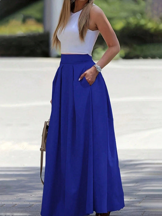 Breezaya Women Solid Color Pleated Long Simple & Elegant Women Skirt