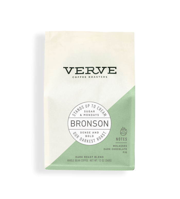 Verve Bronson dark roast coffee bag with circular Bronson label and a mint green diagonal panel.