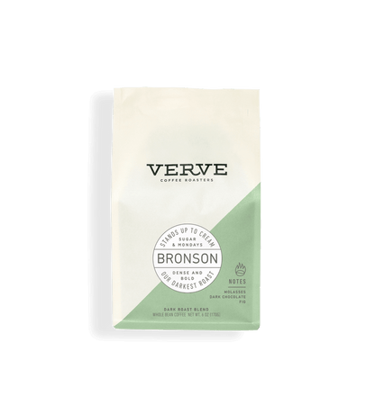 Bronson dark roast coffee bag with Verve branding and a green diagonal panel.