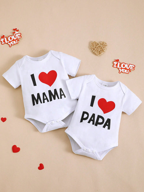 BrownBark 2pcs Baby Boys & Girls Newborn Soft Cotton Cute Short Sleeve Bodysuit With "I Love Daddy & I Love Mommy" Graphic Print, Suitable For Indoor, Outdoor, Mother's Day/Father's Day/Valentine's Da