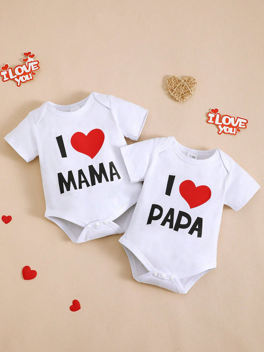 BrownBark 2pcs Baby Boys & Girls Newborn Soft Cotton Cute Short Sleeve Bodysuit With "I Love Daddy & I Love Mommy" Graphic Print, Suitable For Indoor, Outdoor, Mother's Day/Father's Day/Valentine's Da