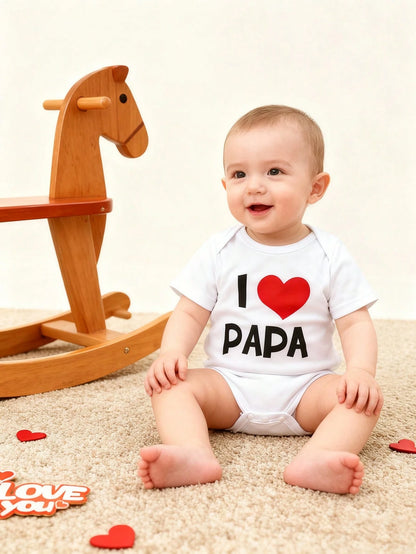 BrownBark 2pcs Baby Boys & Girls Newborn Soft Cotton Cute Short Sleeve Bodysuit With "I Love Daddy & I Love Mommy" Graphic Print, Suitable For Indoor, Outdoor, Mother's Day/Father's Day/Valentine's Da