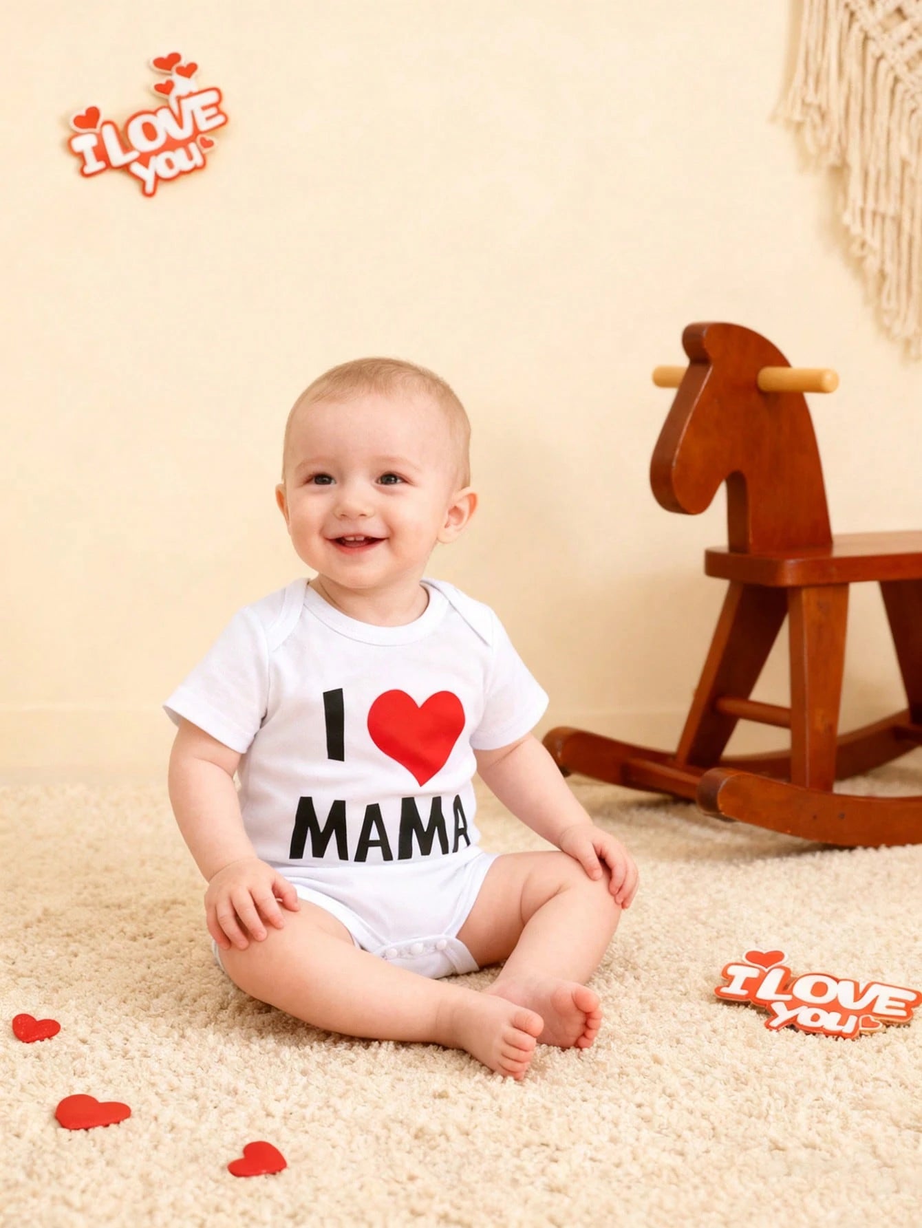 BrownBark 2pcs Baby Boys & Girls Newborn Soft Cotton Cute Short Sleeve Bodysuit With "I Love Daddy & I Love Mommy" Graphic Print, Suitable For Indoor, Outdoor, Mother's Day/Father's Day/Valentine's Da