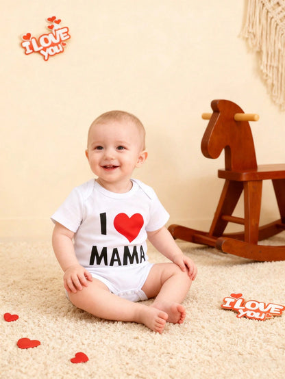 BrownBark 2pcs Baby Boys & Girls Newborn Soft Cotton Cute Short Sleeve Bodysuit With "I Love Daddy & I Love Mommy" Graphic Print, Suitable For Indoor, Outdoor, Mother's Day/Father's Day/Valentine's Da