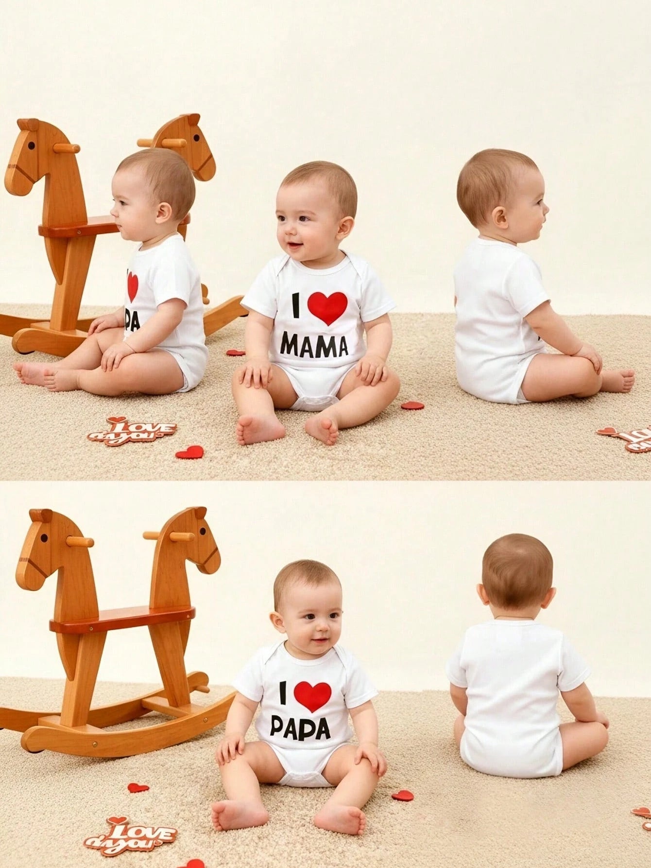 BrownBark 2pcs Baby Boys & Girls Newborn Soft Cotton Cute Short Sleeve Bodysuit With "I Love Daddy & I Love Mommy" Graphic Print, Suitable For Indoor, Outdoor, Mother's Day/Father's Day/Valentine's Da