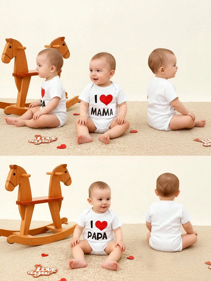 BrownBark 2pcs Baby Boys & Girls Newborn Soft Cotton Cute Short Sleeve Bodysuit With "I Love Daddy & I Love Mommy" Graphic Print, Suitable For Indoor, Outdoor, Mother's Day/Father's Day/Valentine's Da