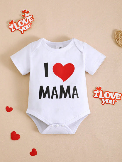 BrownBark 2pcs Baby Boys & Girls Newborn Soft Cotton Cute Short Sleeve Bodysuit With "I Love Daddy & I Love Mommy" Graphic Print, Suitable For Indoor, Outdoor, Mother's Day/Father's Day/Valentine's Da