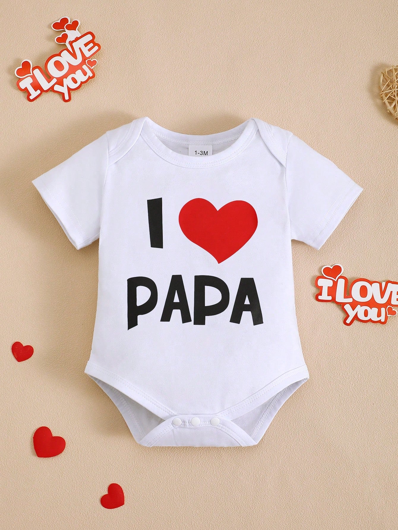 BrownBark 2pcs Baby Boys & Girls Newborn Soft Cotton Cute Short Sleeve Bodysuit With "I Love Daddy & I Love Mommy" Graphic Print, Suitable For Indoor, Outdoor, Mother's Day/Father's Day/Valentine's Da