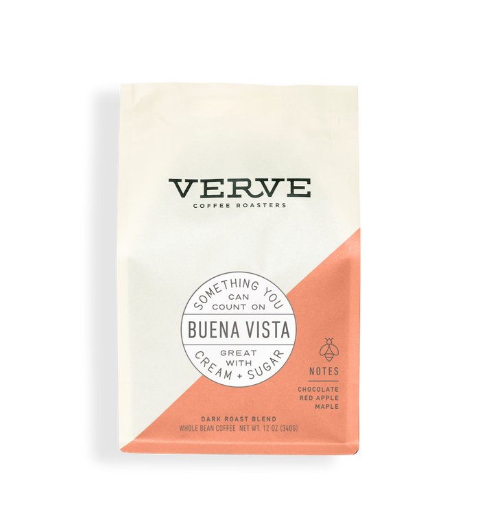 Verve Buena Vista dark roast coffee bag with white upper half peach diagonal panel and circular Buena Vista label.