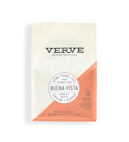 Verve Buena Vista dark roast coffee bag with white upper half peach diagonal panel and circular Buena Vista label.