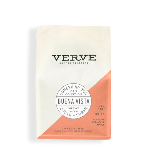 Verve Buena Vista dark roast coffee bag with white upper half peach diagonal panel and circular Buena Vista label.