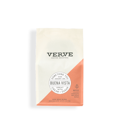 Verve Buena Vista coffee bag with white body peach diagonal panel and circular Buena Vista label