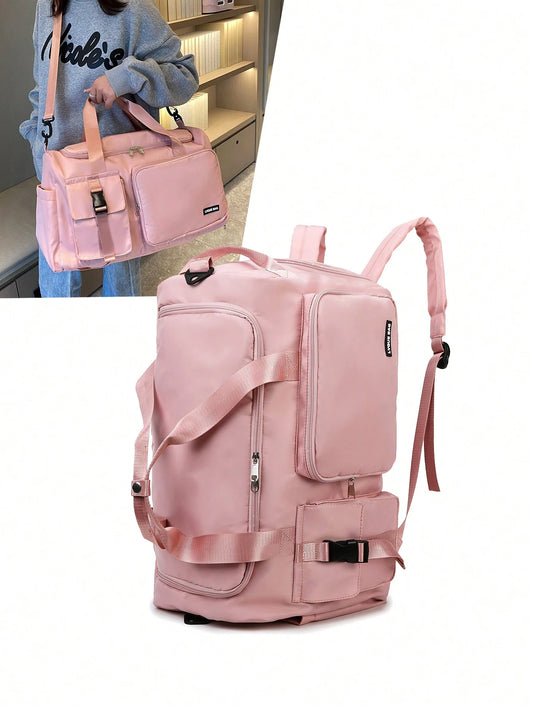 Buqingting 1pc New Large Capacity Multi-Function Multi-Pocket Solid Color Waterproof Fabric Bag, With Adjustable Shoulder Strap, Can Be Hung On Luggage Compartment, Zippered Back, Suitable For Women's
