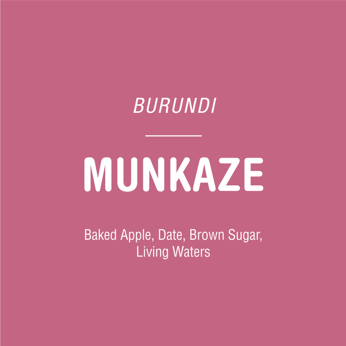 Burundi Munkaze coffee label on pink backdrop listing flavor notes baked apple date brown sugar living waters
