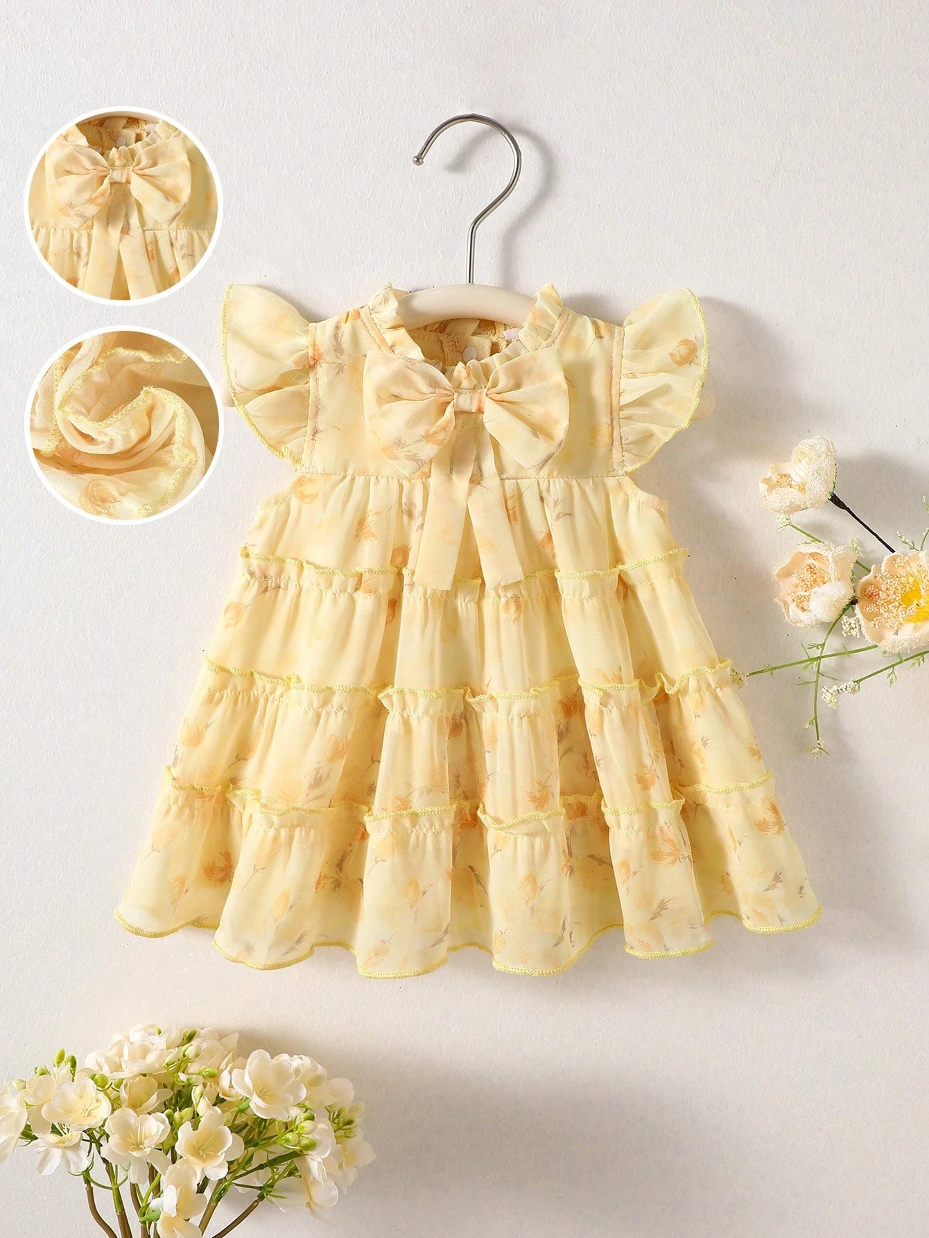 Butter Yellow Newborn Baby Girls' Summer Floral Chiffon Dress Cute Baby Shower Gift Ruffle Cake Skirt Flutter Sleeve 0-9 Months Wedding Party Cute