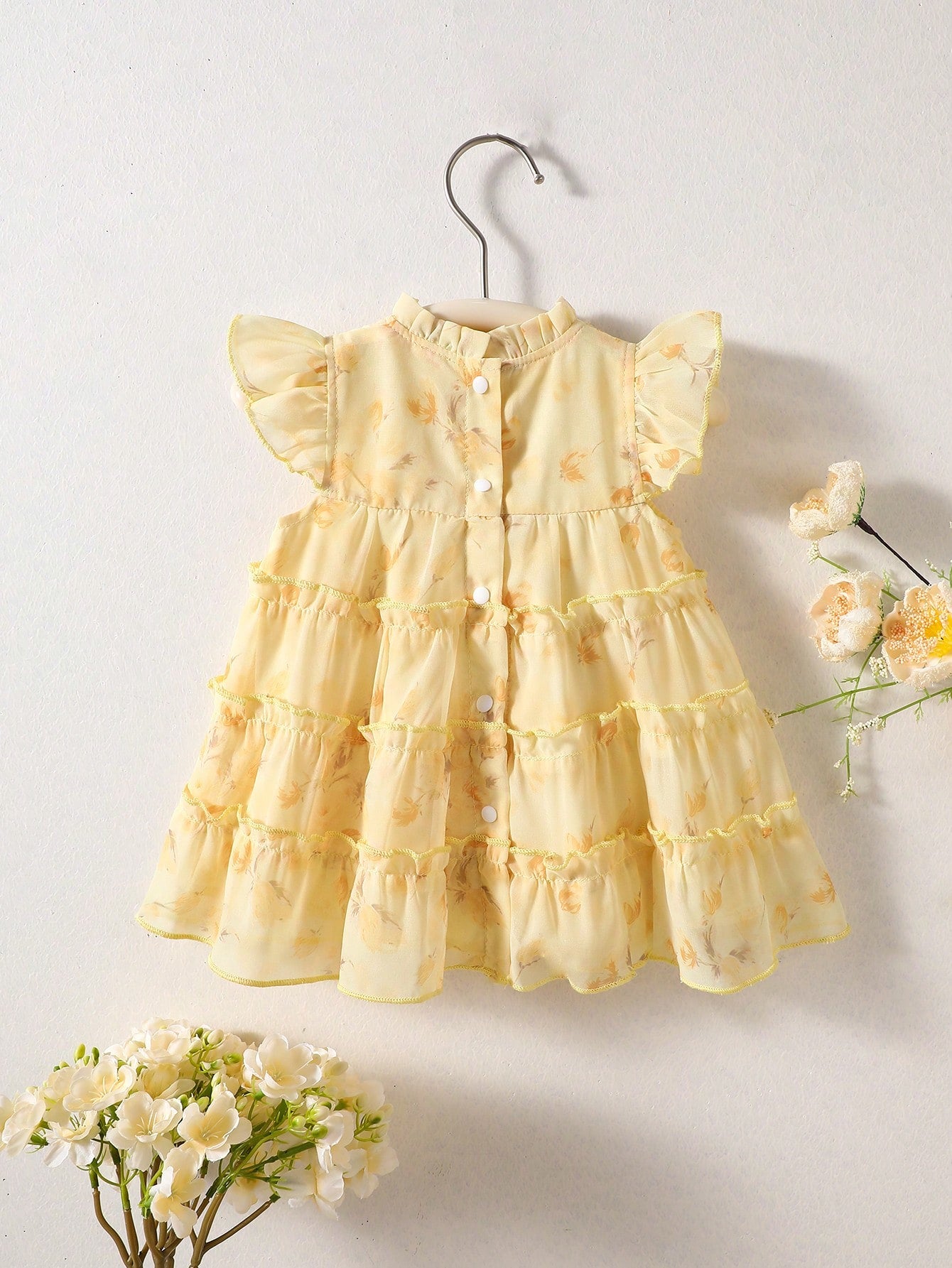 Butter Yellow Newborn Baby Girls' Summer Floral Chiffon Dress Cute Baby Shower Gift Ruffle Cake Skirt Flutter Sleeve 0-9 Months Wedding Party Cute