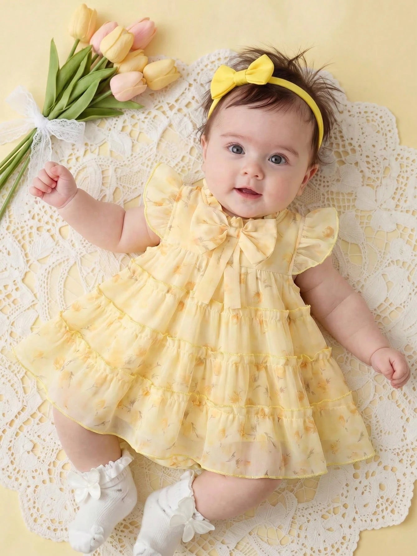 Butter Yellow Newborn Baby Girls' Summer Floral Chiffon Dress Cute Baby Shower Gift Ruffle Cake Skirt Flutter Sleeve 0-9 Months Wedding Party Cute