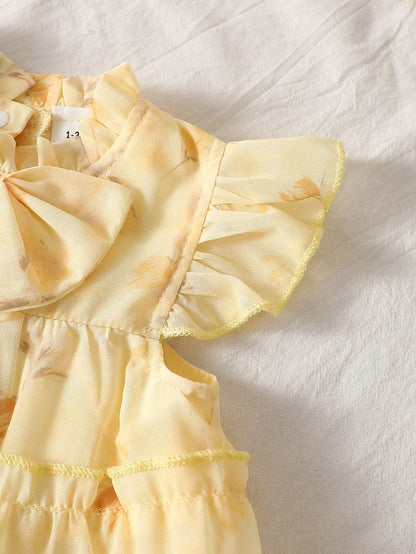Butter Yellow Newborn Baby Girls' Summer Floral Chiffon Dress Cute Baby Shower Gift Ruffle Cake Skirt Flutter Sleeve 0-9 Months Wedding Party Cute