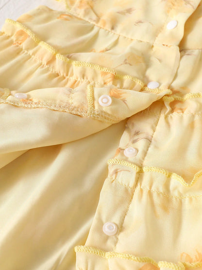 Butter Yellow Newborn Baby Girls' Summer Floral Chiffon Dress Cute Baby Shower Gift Ruffle Cake Skirt Flutter Sleeve 0-9 Months Wedding Party Cute