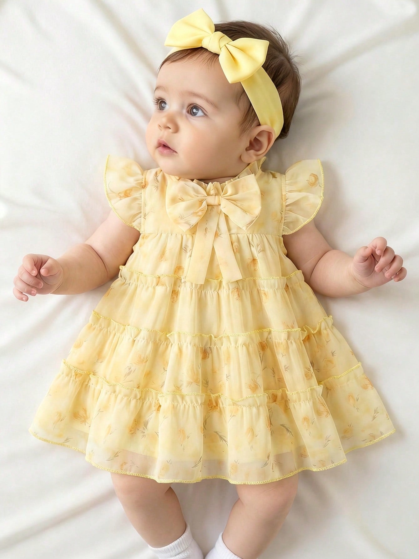 Butter Yellow Newborn Baby Girls' Summer Floral Chiffon Dress Cute Baby Shower Gift Ruffle Cake Skirt Flutter Sleeve 0-9 Months Wedding Party Cute
