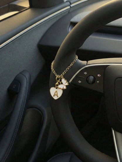 Butterfly, Letter And Heart Shaped Steering Wheel Decor, Cute Pendant Car Interior Decoration, With Adjustable Chain And Lobster Clasp, Suitable For Steering Wheel, Rearview Mirror, Cup Holder, Keycha