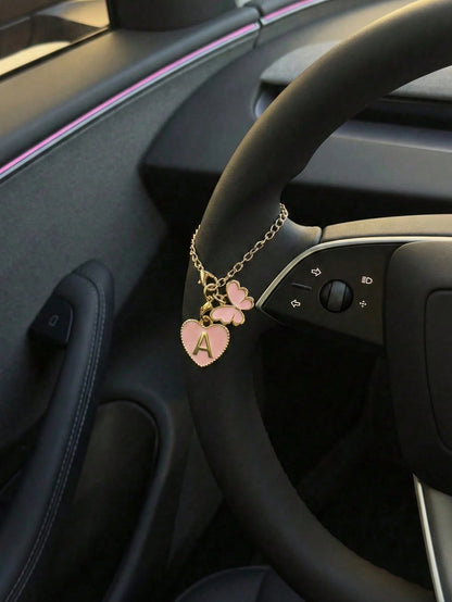 Butterfly, Letter And Heart Shaped Steering Wheel Decor, Cute Pendant Car Interior Decoration, With Adjustable Chain And Lobster Clasp, Suitable For Steering Wheel, Rearview Mirror, Cup Holder, Keycha