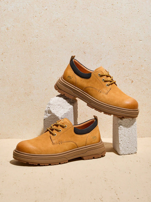 CAMEL CROWN New Men's Casual Leather Shoes: Retro-Style, Fashionable, Thick-Soled, Low-Top, Lace-Up Utility/Work Shoes