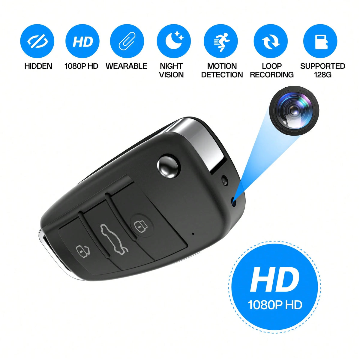 Camera Gadgets 1080P- Car Key Fob Security Camera With 130 Mins Battery Life & Night Vision- Small Portable Body Camera For Meeting & Travel, Supports 128GB Card (Cloud-Free)