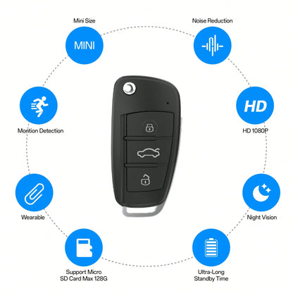 Camera Gadgets 1080P- Car Key Fob Security Camera With 130 Mins Battery Life & Night Vision- Small Portable Body Camera For Meeting & Travel, Supports 128GB Card (Cloud-Free)