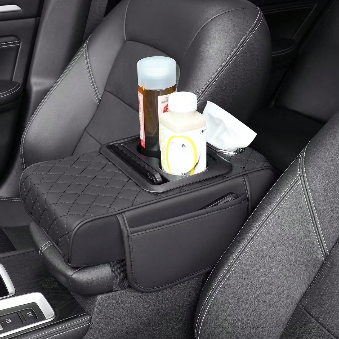 Car Center Armrest Pad With Cup Holder- Armrest Case With 2 Side Pockets And 2 Cup Holders 1 Mobile Phone Holder 1 Paper Towel Holder, Multi-Function Storage For Cell Phones, Water Bottles, Cards- Su