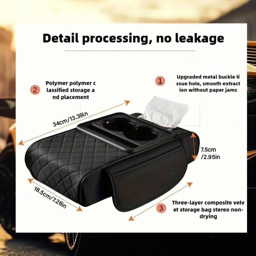 Car Center Armrest Pad With Cup Holder- Armrest Case With 2 Side Pockets And 2 Cup Holders 1 Mobile Phone Holder 1 Paper Towel Holder, Multi-Function Storage For Cell Phones, Water Bottles, Cards- Su