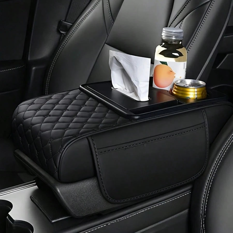 Car Center Armrest Pad With Cup Holder- Armrest Case With 2 Side Pockets And 2 Cup Holders 1 Mobile Phone Holder 1 Paper Towel Holder, Multi-Function Storage For Cell Phones, Water Bottles, Cards- Su