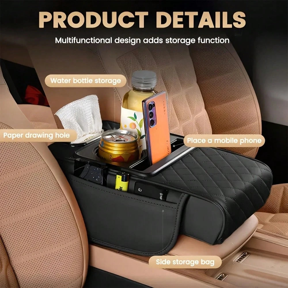 Car Center Armrest Pad With Cup Holder- Armrest Case With 2 Side Pockets And 2 Cup Holders 1 Mobile Phone Holder 1 Paper Towel Holder, Multi-Function Storage For Cell Phones, Water Bottles, Cards- Su